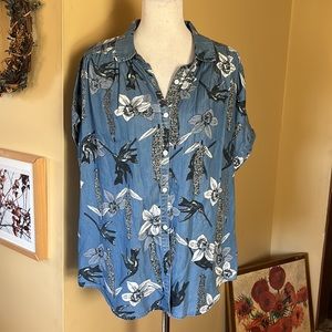 INTRO Size Large Hummingbird + Floral Print ButtonFront Lydocell Gather $68 NEW